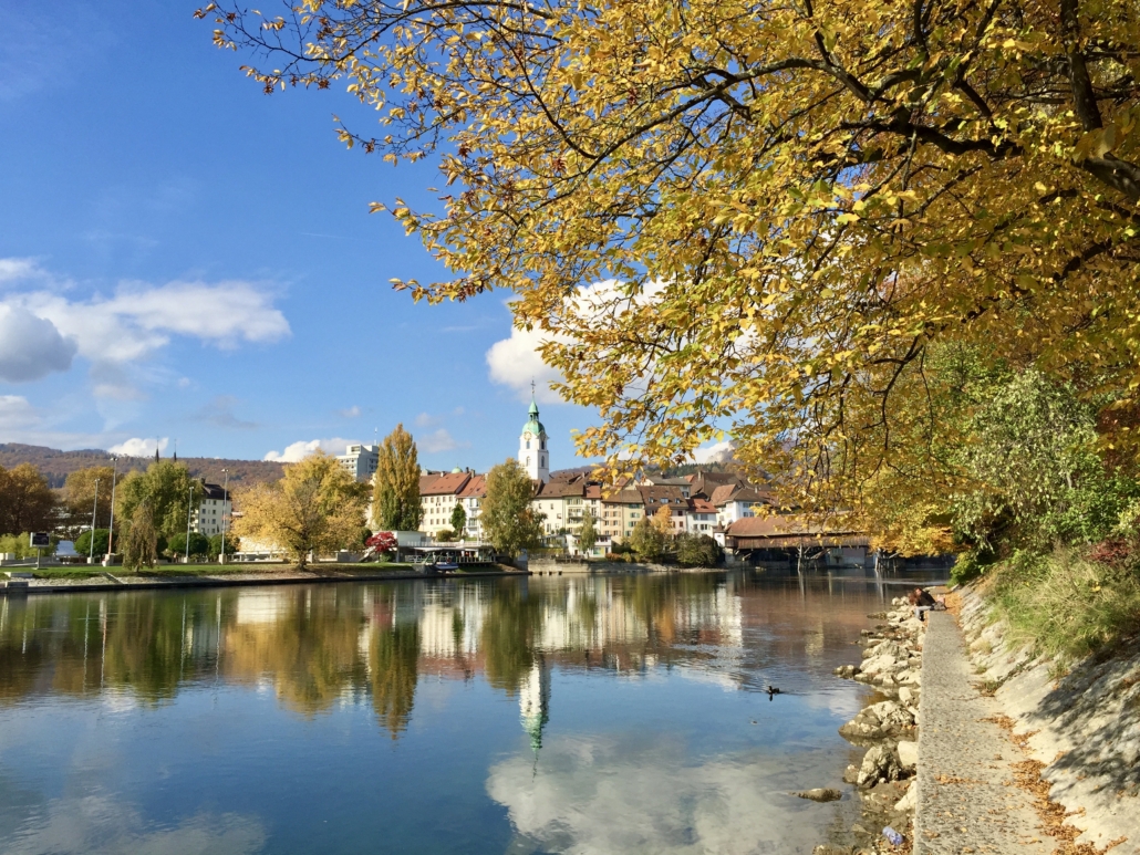 Town of Olten with Aare river in Switzerland in fall mood