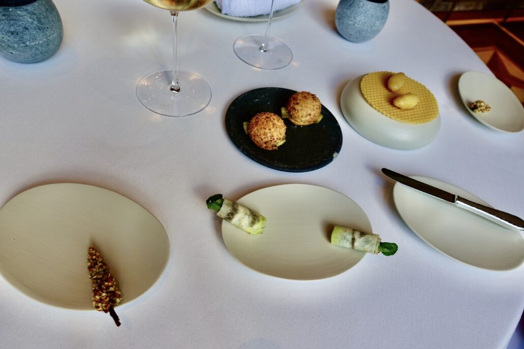 snacks (carrot, kohlrabi, tartar burger, potato) at Sven Wassmer's Memories at Grand Resort Bad Ragaz, Switzerland