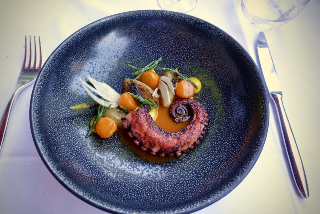 grilled octopus, confit fennel & saffron sauce at Restaurant Le Jardin at Hotel Le Richemond Geneva