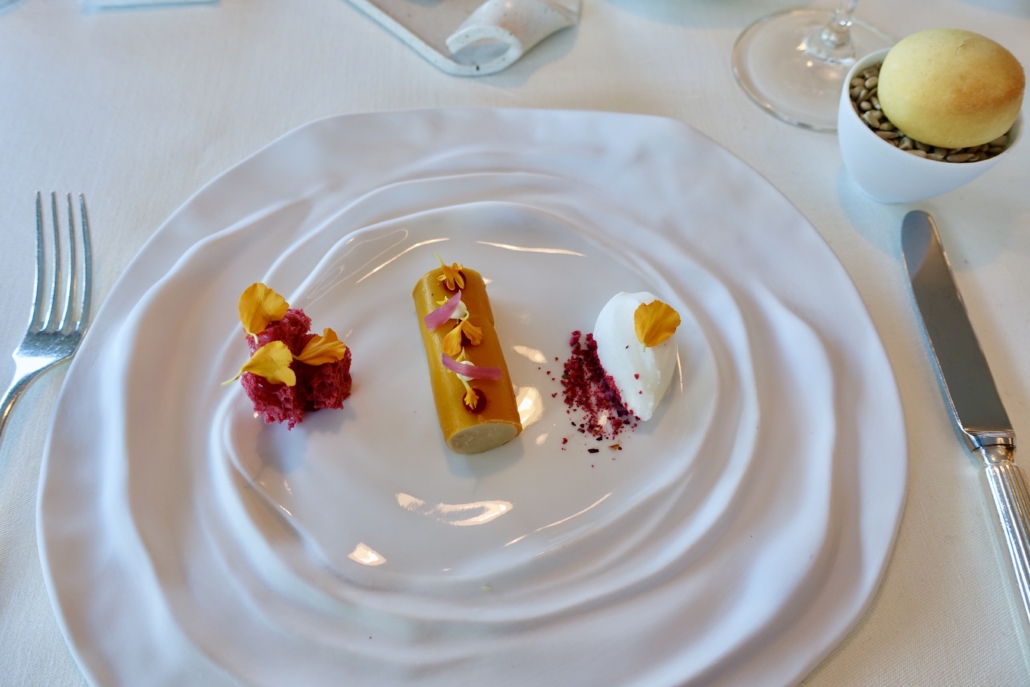goose liver with passionfruit & mango jelly at Restaurant Vivanda at In Lain Hotel Cadonau Brail Lower Engadine Switzerland to dine in style