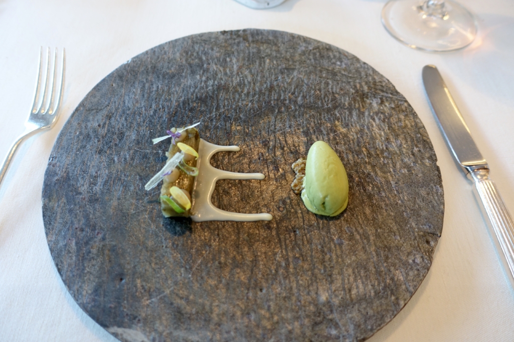 onion variation with chive sorbet at Restaurant Vivanda at In Lain Hotel Cadonau Brail Lower Engadine Switzerland to dine in style