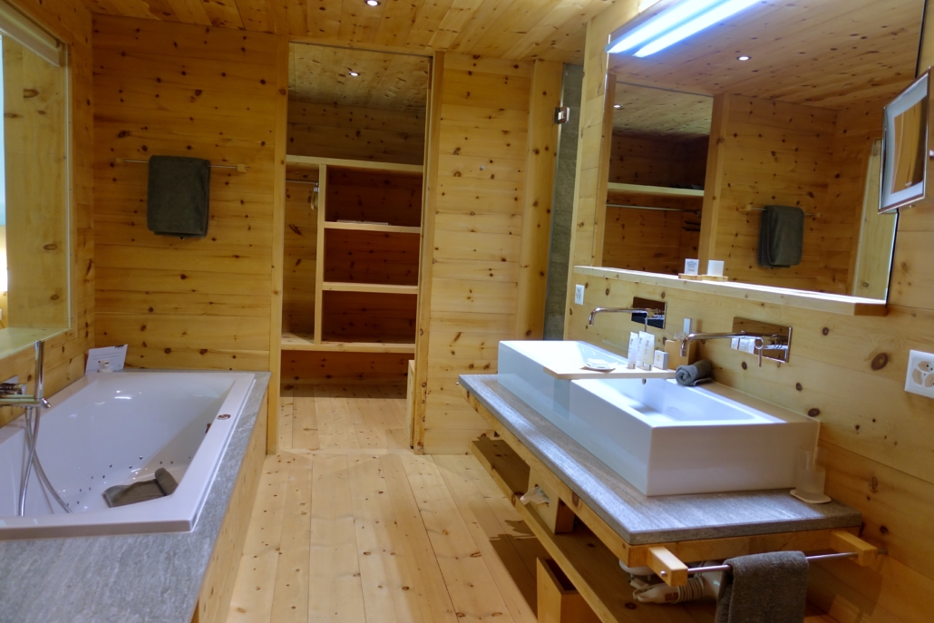 bathroom of Garden Suite at In Lain Hotel Cadonau Brail Lower Engadine Switzerland to stay in style