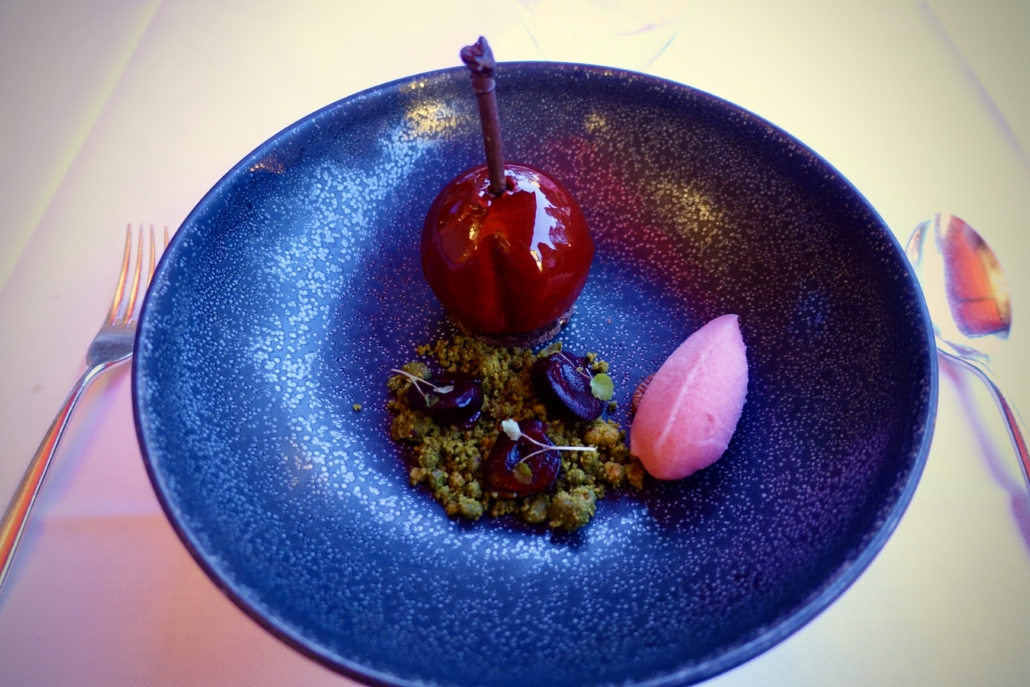 cherry, black rice, roasted sesame & kriek sorbet at Restaurant Le Jardin at Hotel Le Richemond Geneva