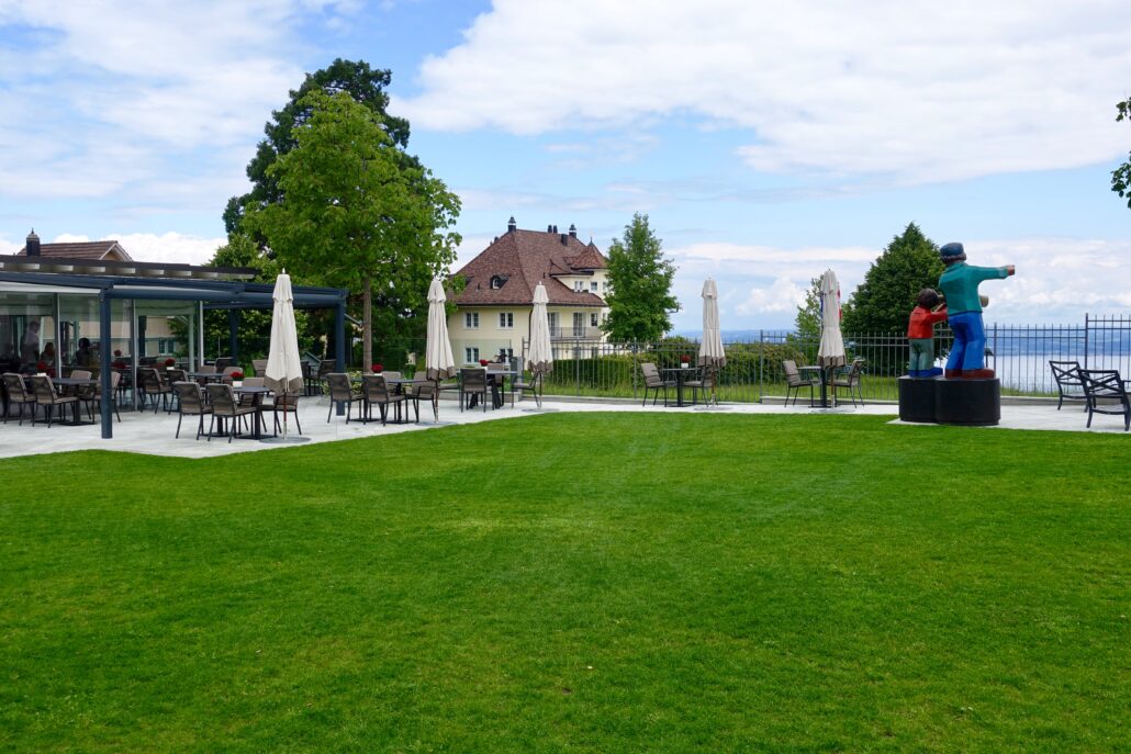 view towards Lake Constance with statue at Gasthaus zur Fernsicht Heiden Switzerland foodie destination
