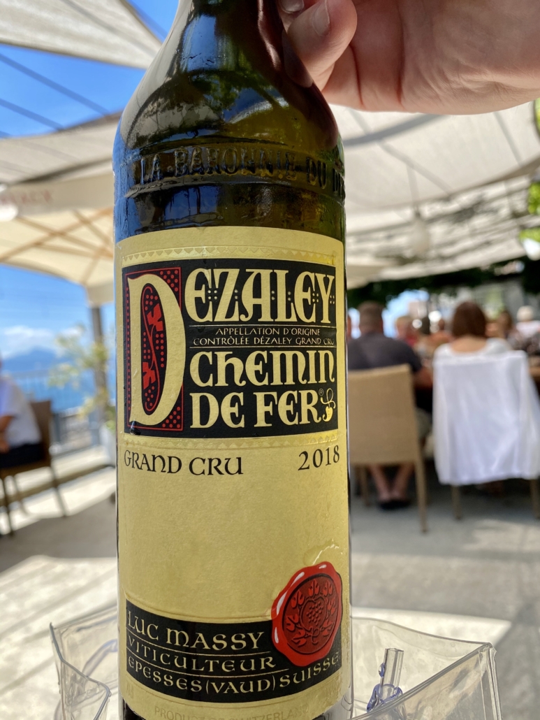Dézaley Chemin de Fer, a top white wine from Lavaux vineyards Lake Geneva Switzerland, at Restaurant Auberge de la Gare Grandvaux 