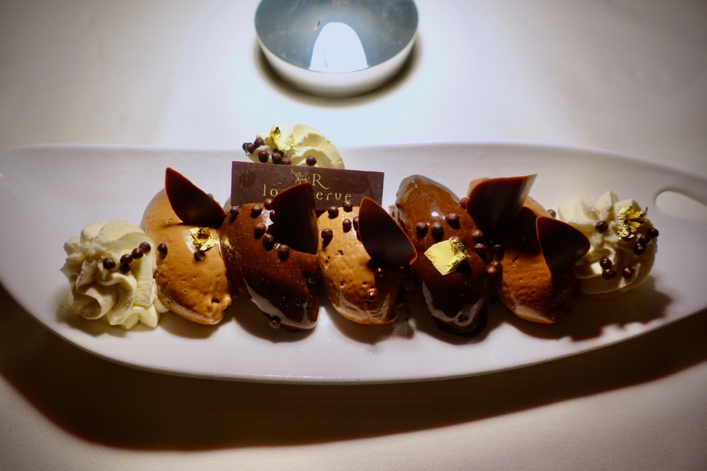chocolate mousse with jasmine tea & crumbled shortbread at Restaurant Tse Fung at Hotel La Réserve Geneva