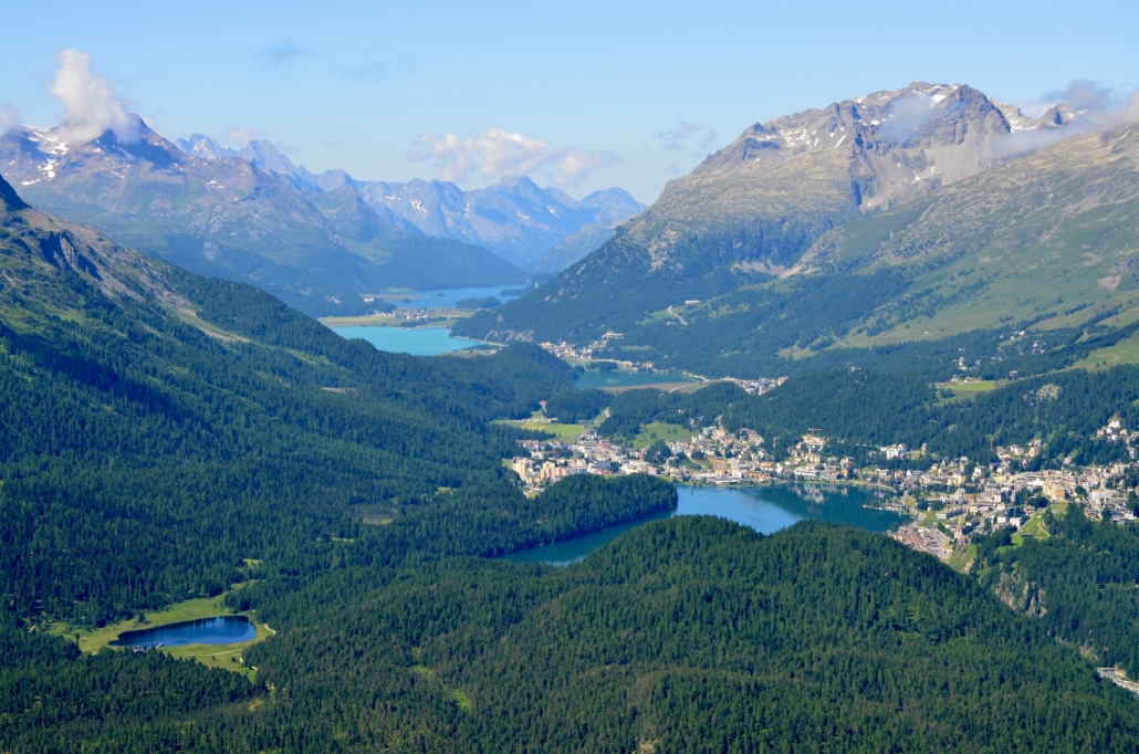 Upper Engadine Switzerland with the town of St. Moritz on the bottom right corner