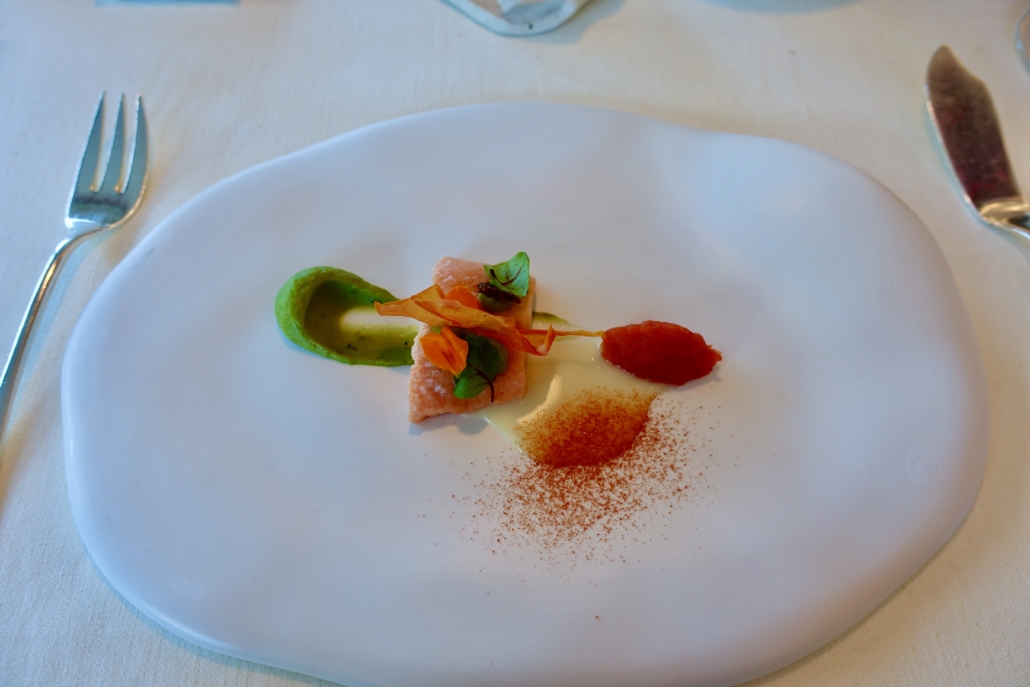 trout fillet with avocado peppermint cream at Restaurant Vivanda at In Lain Hotel Cadonau Brail Lower Engadine Switzerland to dine in style