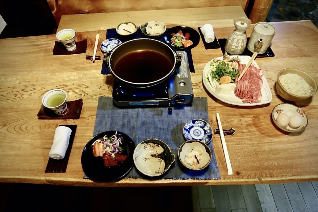 Sukiyaki at ryokan Takimi Onsen Inn in Kiso Valley Japan