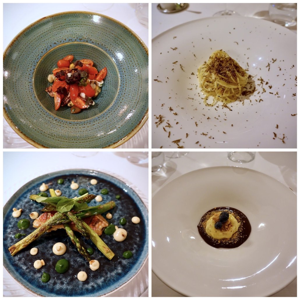 Hotel Villa Eden Merano Italy half board: sea food w/celery tomatoes & olives; spaghetti w/ black truffles; red mullet w/asparagus, miso mayonnaise, pines & baby spinach; amaretto parfait w/chocolate sauce