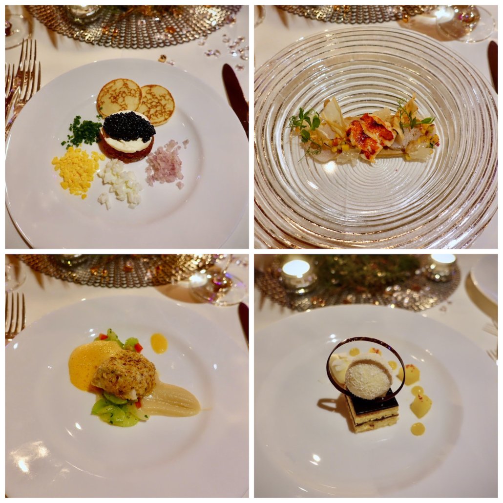 Hotel Tschuggen Arosa Switzerland: Grand Restaurant New Year's Eve menu (caviar & tartar, lobster & scallop, pike perch w/Perigord truffle, coconut ball on vanilla-whisky biscuit)