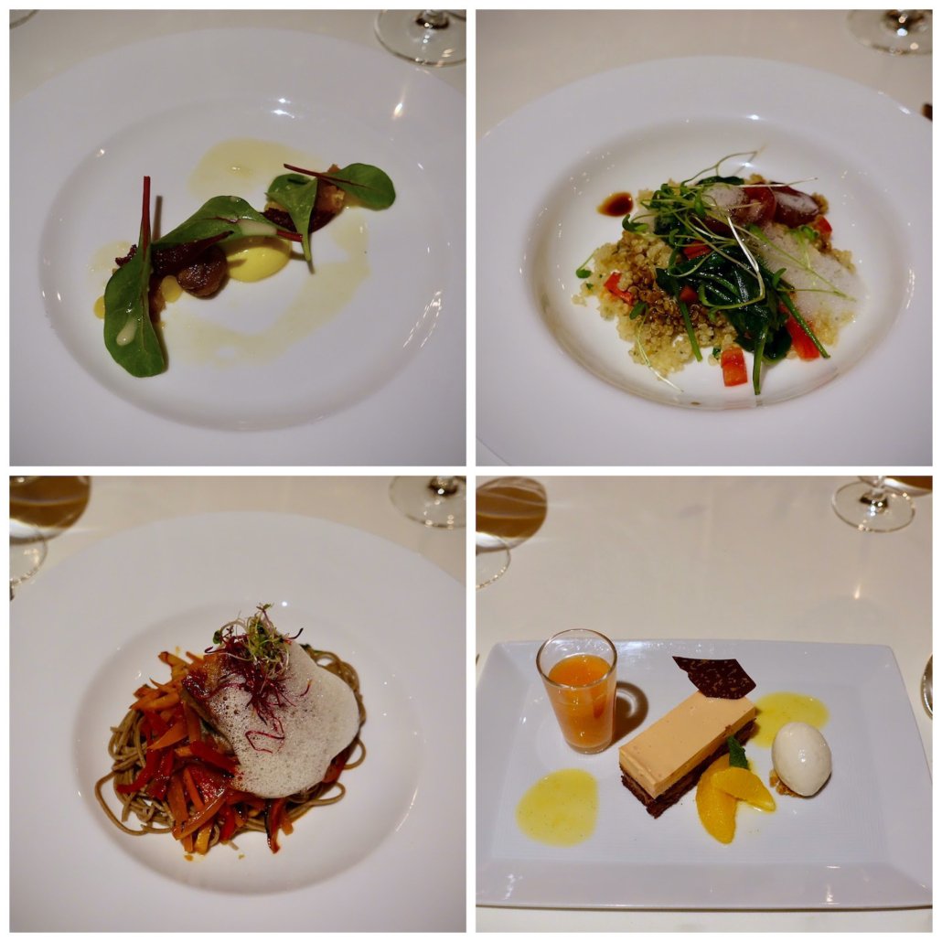 Hotel Tschuggen Arosa Switzerland: Grand Restaurant food (lemon mousse, quinoa w/pumpkin, roasted vegetables w/soba noodles & duck breast, orange-chocolate tartlet)