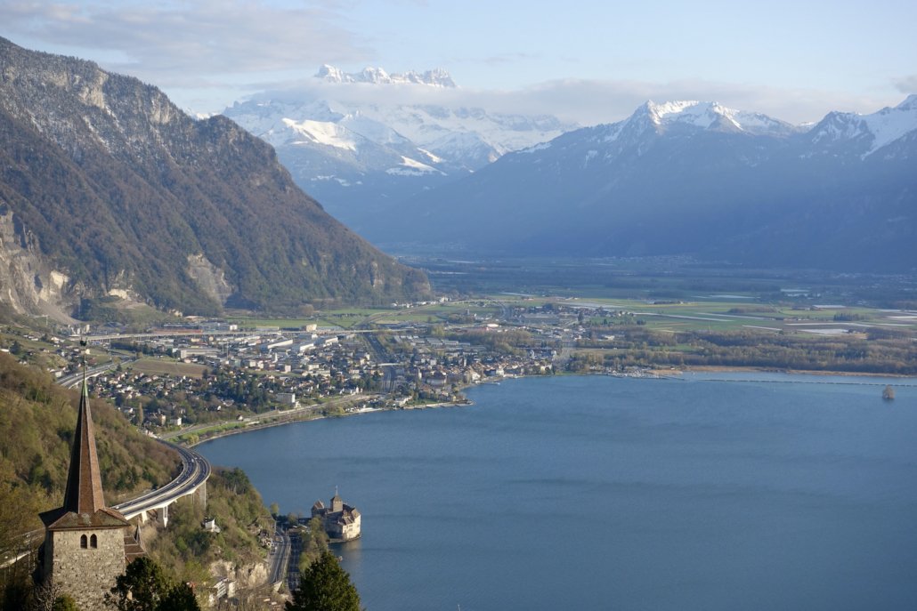 view of Lake Geneva & Chillon Castle from Hotel Victoria in Glion Montreux/Switzerland