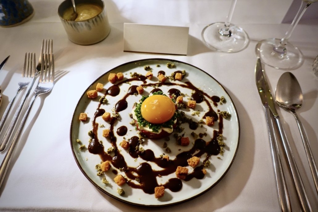beef tatar with egg yolk at Restaurant Sens at Vitznauerhof on Lake Lucerne, Switzerland