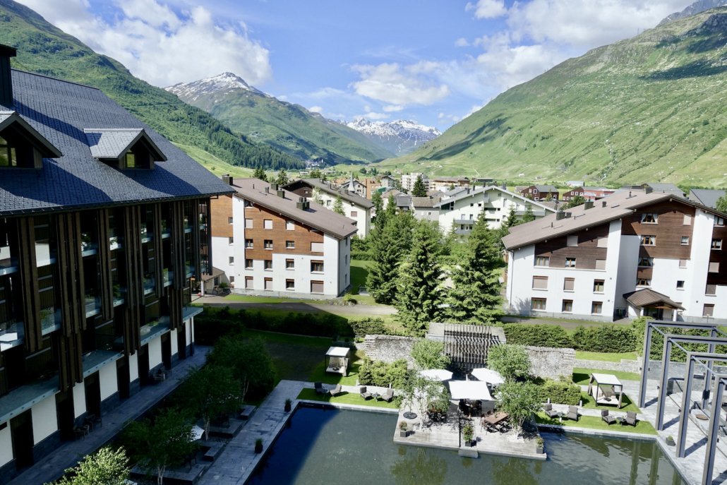 view of Urseren valley from guest room at The Chedi Hotel Andermatt Alps Switzerland