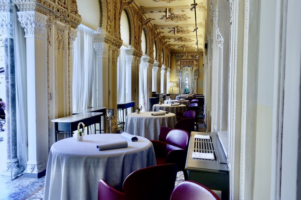 signature dining room at 2-star Michelin restaurant Villa Crespi Lake Orta, Italy