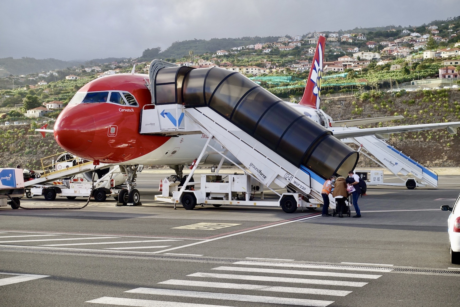 Swiss Edelweiss airplane at Madeira's airport