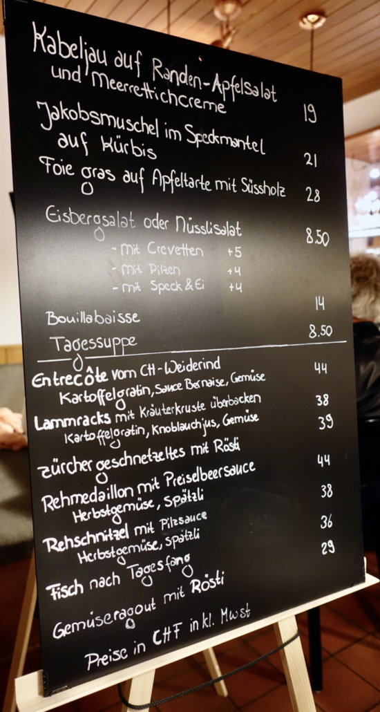 Restaurant Zollhaus Verena Olten Switzerland - menu on the board
