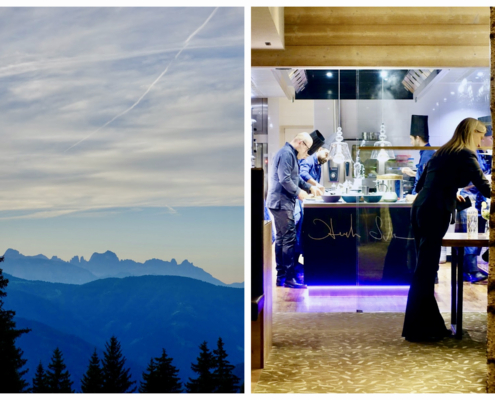 view of the Dolomites & open kitchen at Hotel Terra The Magic Place Sarentino valley South Tyrol, Italy